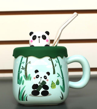 Bamboo Panda Mug with Lid and Straw